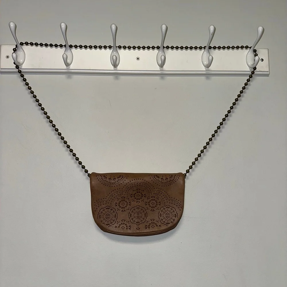 T-Shirt & Jeans Tan Laser Cut Crossbody Bag geometric ball chain strap purse